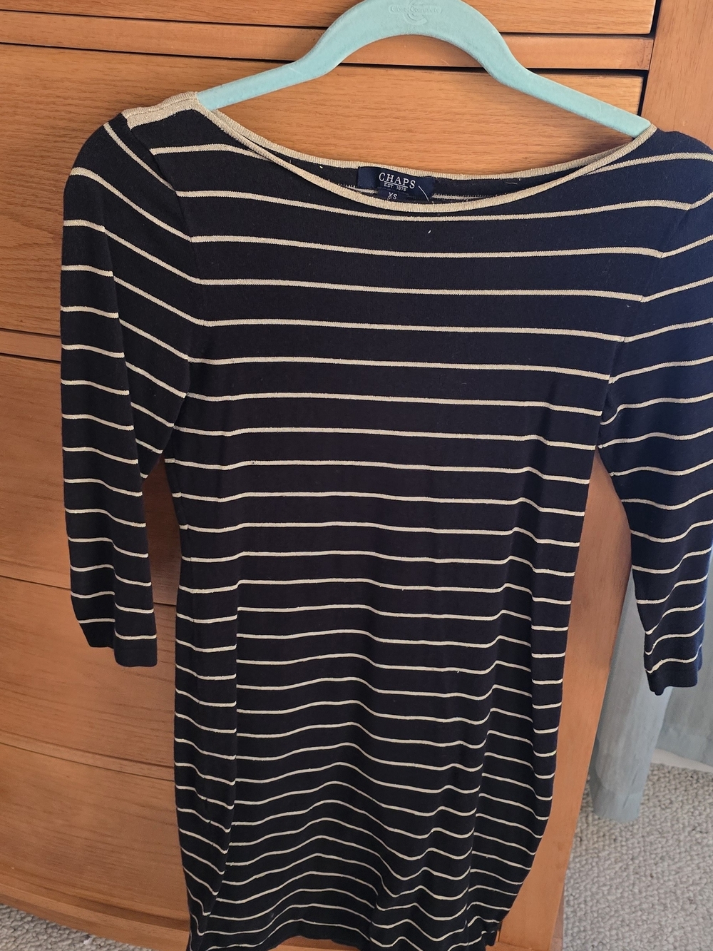 Chaps Striped Boatneck Dress - Black And Gold Stripe, Like New, Women's XS